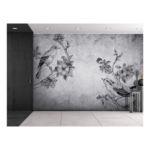 wall26 - Birds and Branches Sitting on a Grayscale Grungy Texture with a Vignette Effect Around It - Wall Mural, Removable Vinyl Wallpaper, Home Decor - 100x144 inches