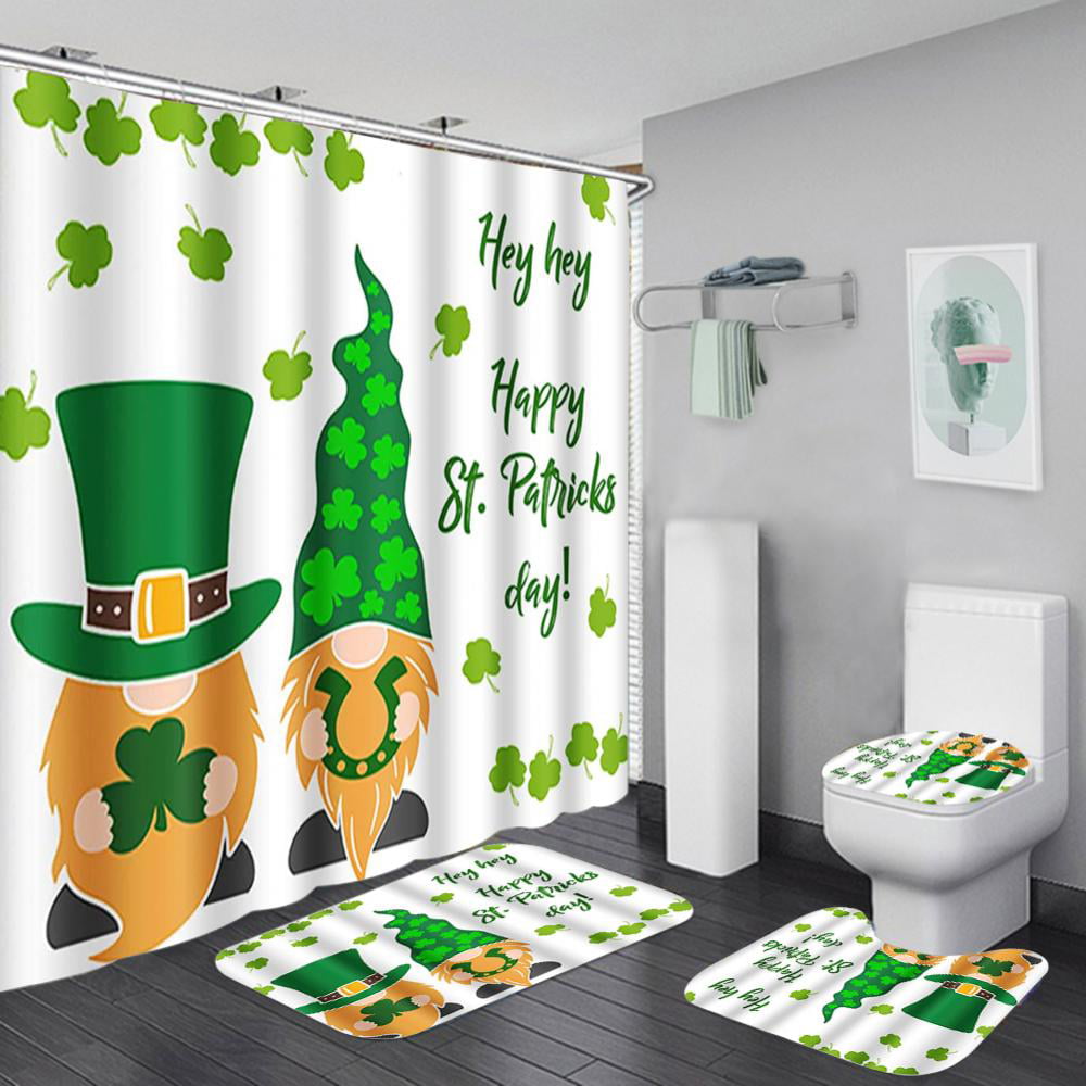 Patrick's Day Gnome Shamrock Lucky Clovers Shower Curtain Set Bathroom Decor St 