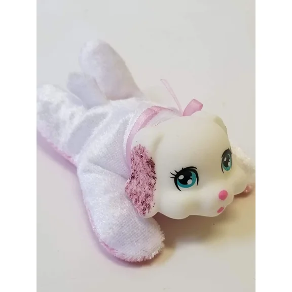 A 3” Mini Plush Soft Stuffed White Floppy Lying Down Puppy Dog Pink Glitter Ears Vinyl Face Doll House Playset Replacement Figure Vintage