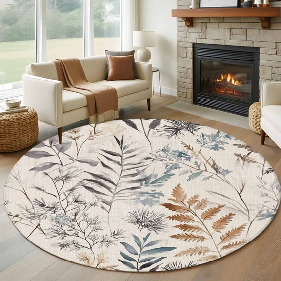 Farmhouse Leaves Round Area Rug 5 FT, Non Slip Bedroom Rugs, Pastoral Vintage Flowers Botanical Washable Soft Circular Carpet Non-Shedding Floor Mat for Kitchen Dining Room Foyer Balcony Dorm