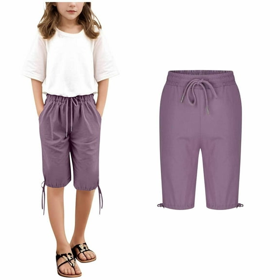 ZACPNCV Girls Bermuda Shorts Summer Loose Fit Elastic Drawstring Waist Straight Leg Knee Length Casual Shorts Cute Clothes Purple 9-10 Years