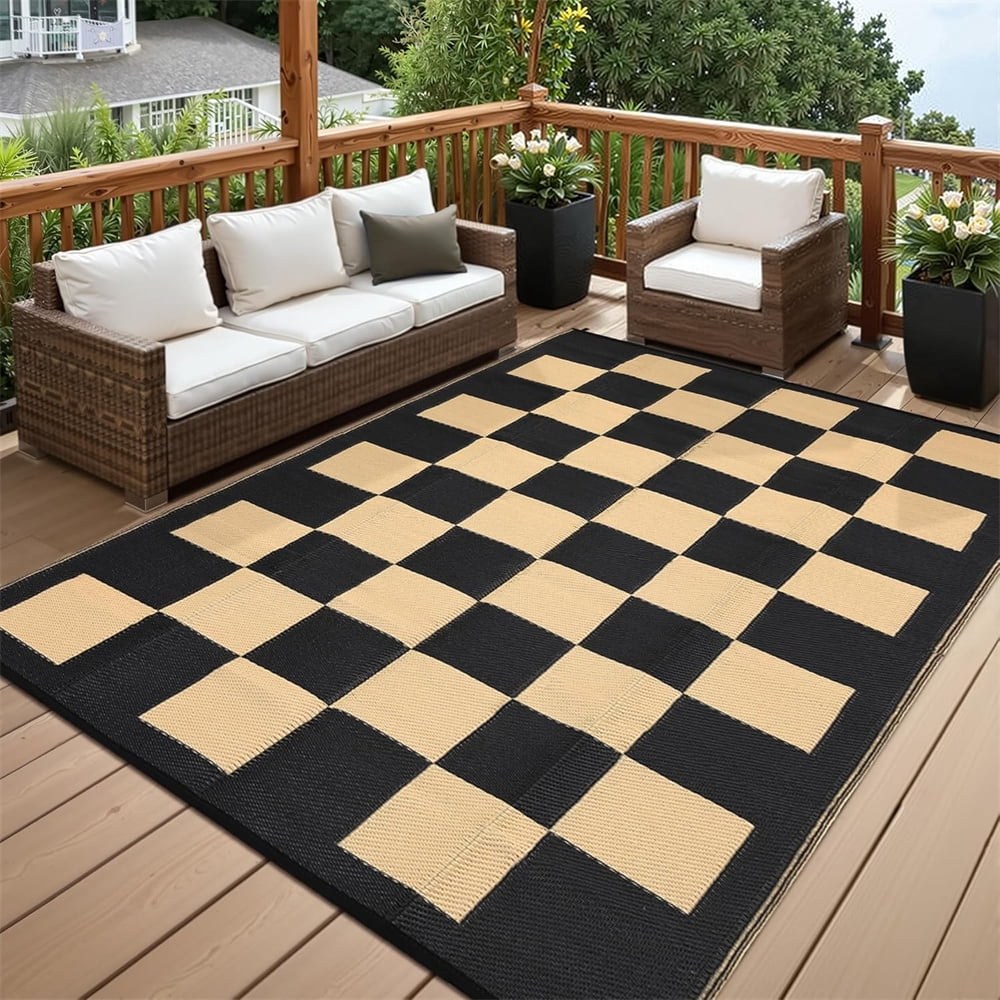 Outdoor Rugs 8x10ft/9x12ft Plaid Reversible Plastic Straw Rugs, Easy Cleaning Checkered Camping Carpet, Lightweight Outside Floor Mat for Picnic, Patio, RV, Porch, Deck, Balcony, Beach