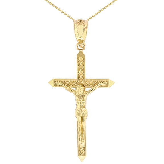 Solid Gold Passion Cross Crucifix Pendant Necklace 1.40" (35 mm)) (14K Yellow Gold, Pendant with 18" chain)