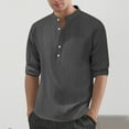 thumbnail image 4 of Wyobmus Mens Linen Henley Shirts Casual Cotton Lightweight Long Sleeve T-Shirt Solid Button Down Summer Beach Leisure Tops Gray, 4 of 5