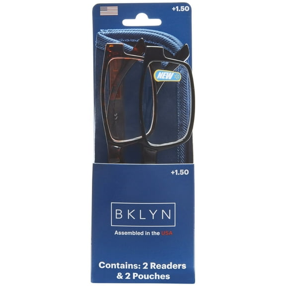 Bklyn, Sumner  1.50, Adult, Mens, Rectangle Plastic Reading Glasses & Pouches Value Pack , 2 Ea