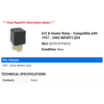 thumbnail image 2 of A/C & Heater Relay - Compatible with 1997 - 2002 INFINITI QX4 1998 1999 2000 2001, 2 of 2