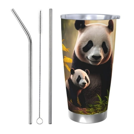 

Gaeub Forest Panda Print 20-Ounce Stainless Steel Car Cup Tumblers Cups with Lids and Straw Coffee Cups for Adults Kids Home Car Office School Travel Party-Straw Three-piece Set