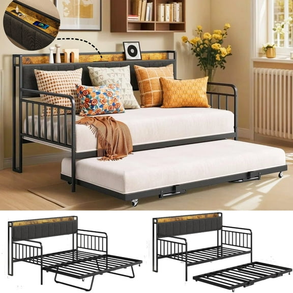 Daybed with Trundle, Lofka Sturdy Metal Twin Size Bed Frame with Upholstered Headboard and Charging Station, Height Adjustable Day Bed Pop Up Trundle Bed Twin for Living Room, Bedroom and Guest Room