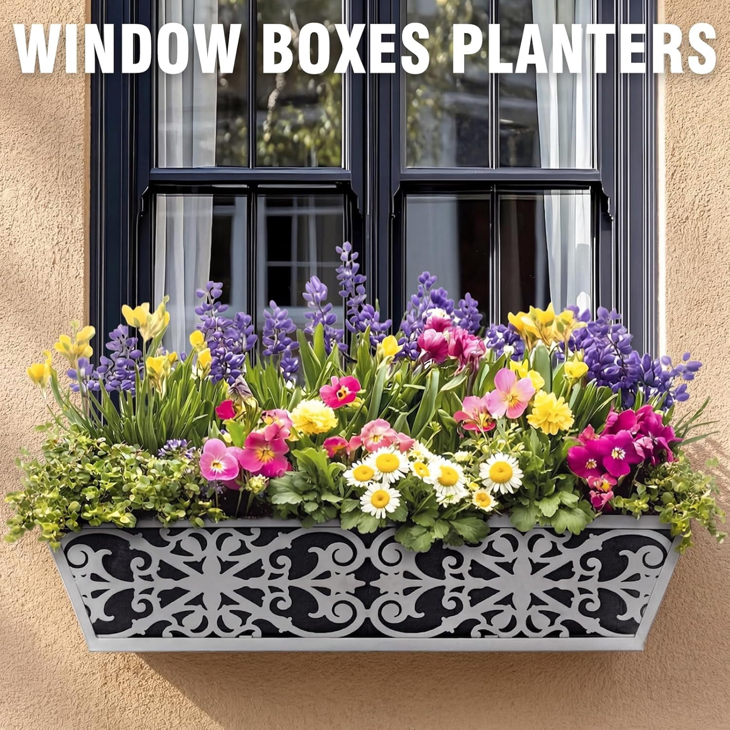 2 Pack 24 Inch Window Boxes Planter for Outdoor Plants Deck Railing Planters Box with Adjustable Brackets for Porch Fence Balcony Hanging Flower Baskets with Non-Woven Fabric Liner for Garden Decor