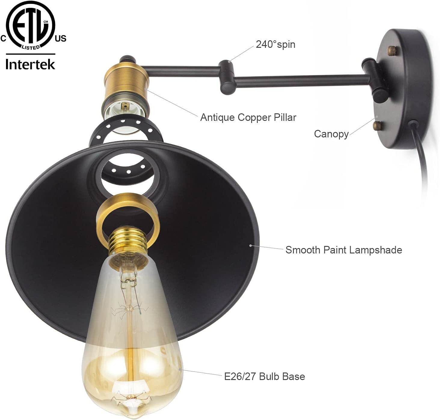 ArcoMead Swing Arm Traditional Energy Efficient 2-Light Black Matte Kitchen Plug-in Wall Sconces (2 Count)