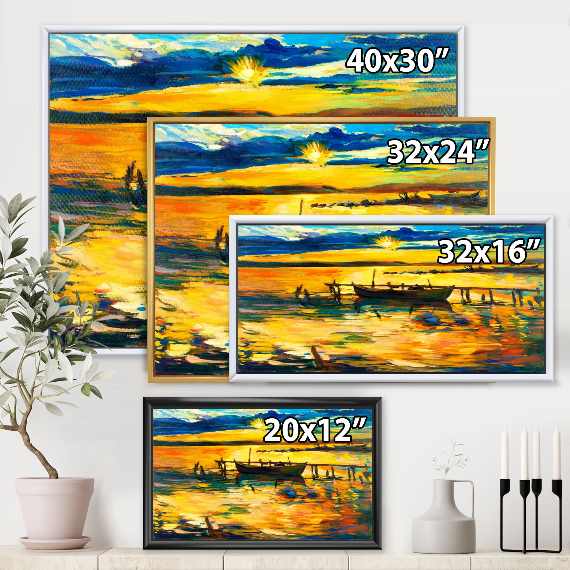 Designart 'Boat At The Lake During Evening Glow VI' Nautical & Coastal Framed Canvas Wall Art Print