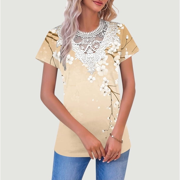 TaTaai Women‘s Everyday Floral Print Pullover, V Neck Short Sleeve Blouse with Sheer Mesh Accents, Relaxed Fit Casual Top for Spring Season Wear Gift