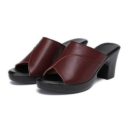 

Open-Toe Leather Thick-Heeled Sandals with Stable High Heel Anti-slip Sole for Dresses Jeans Skirts Short Pants 40 Wine Red