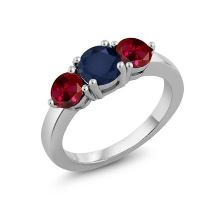 Blue Sapphire Ruby Ring - 2.20 Ct Round Blue Sapphire Red Created Ruby 925 Sterling Silver Ring