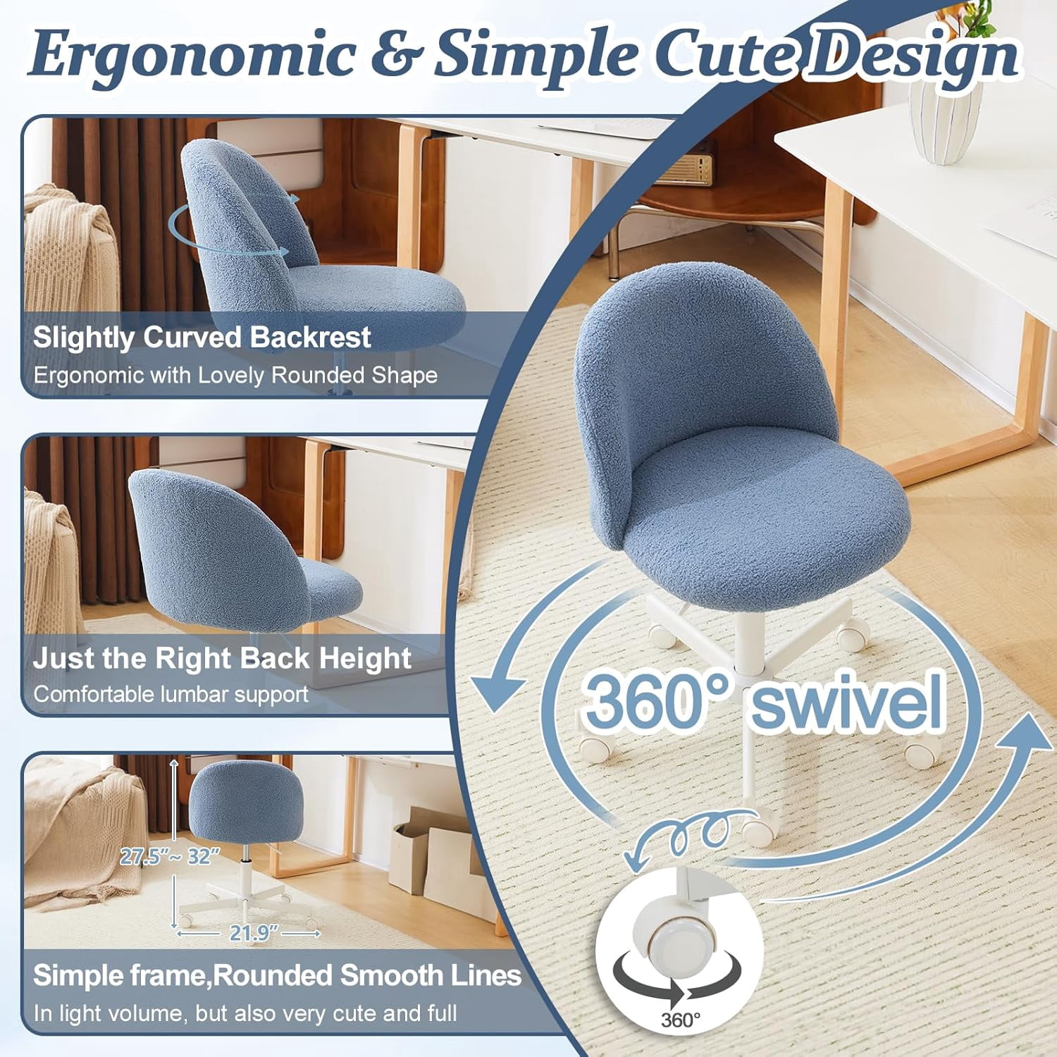 Matladin Modern Vanity Chair with Back, Silent Wheels, Velvet Desk Chair for Girls, Small Office Chair, Stylish and Comfortable