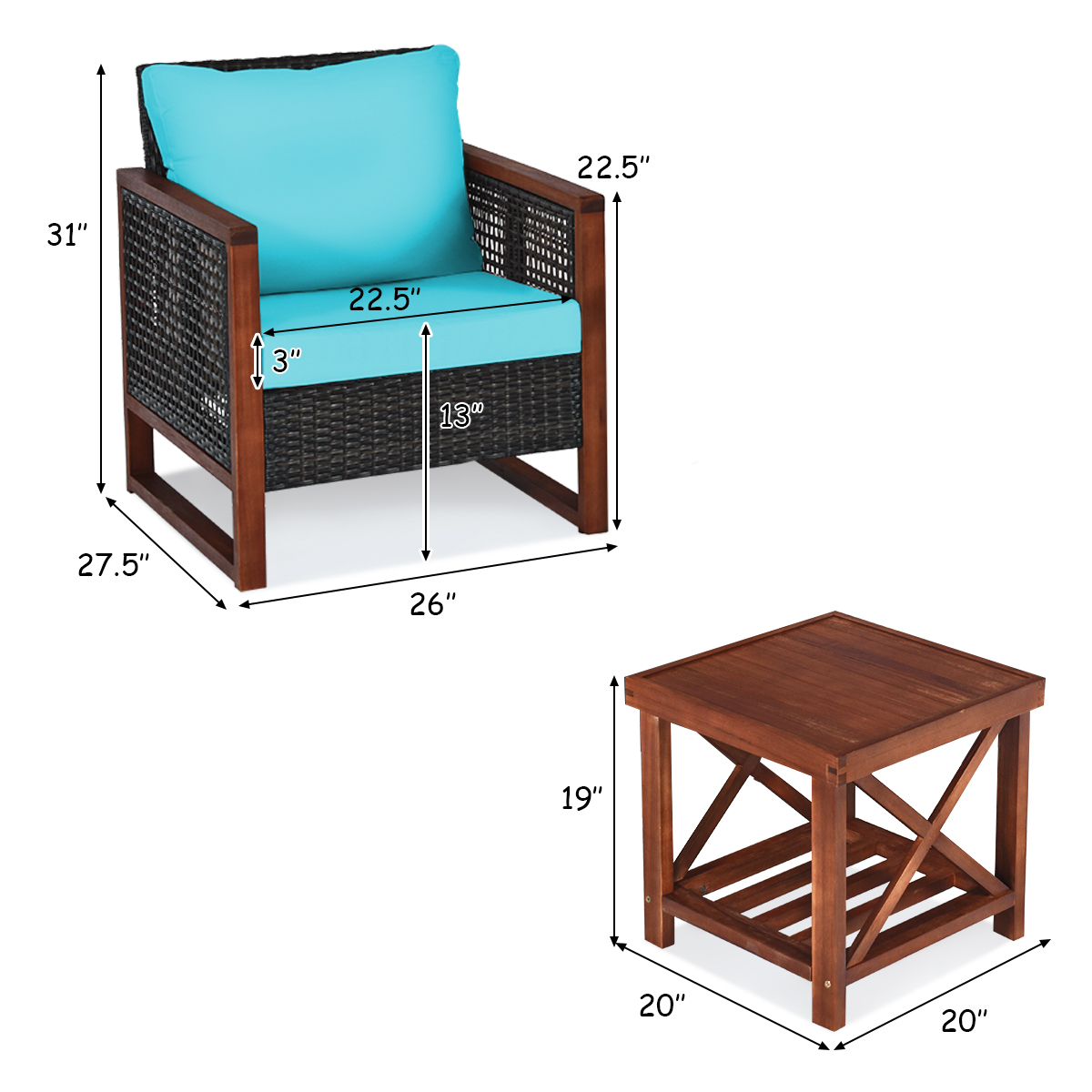 Patiojoy 3PCS Patio Rattan Bistro Set Acacia Wood Frame Sofa and Side Table Turquoise Cushions - image 2 of 6