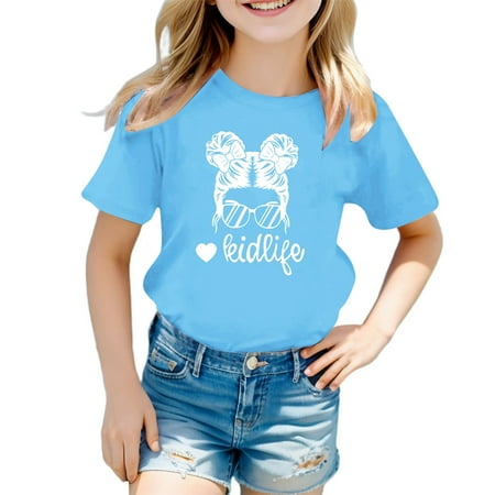 

Icvfdpl Children s Blouse Cute Graphic Print Round Neck Short Sleeve Summer Birthday Party T Shirt
