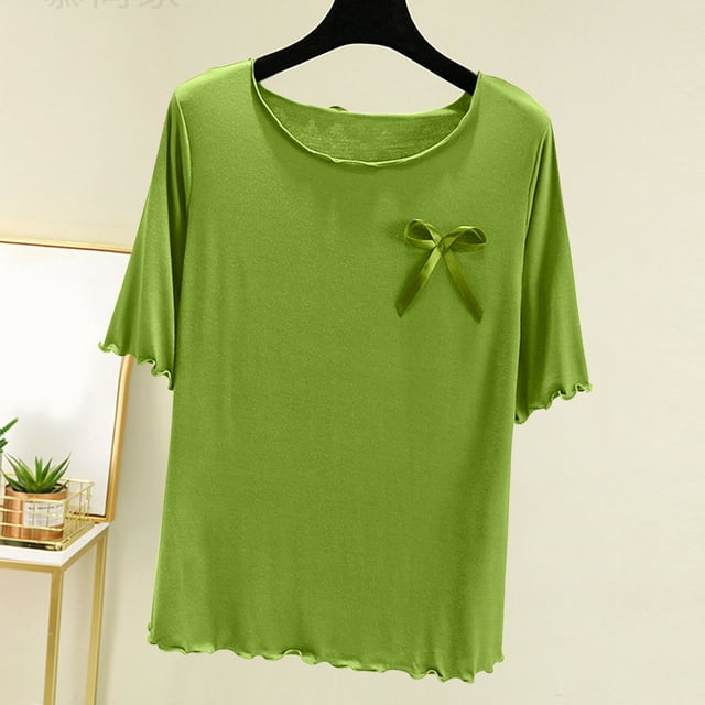 Prix Réduit, Chemise à Col Rond pour Femme, Couleur Unie, Couche Intérieure Fine, Haut de Pyjama Décontracté, Manches Courtes, Base pour la Maison, Vêtement de Nuit Confortable Style Tendance de Tous les Jours/20 % Modal, 40 % Coton, 40 % Polyester, Vert