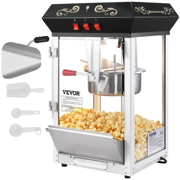 VEVOR Popcorn Maker, 850W Popcorn Popper Machine, 8 Oz Kettle Makes 48 Cups per Batch, Countertop Popcorn Maker with Tempered Glass, Includes 4 Scoops, Movie Theater Style, Black