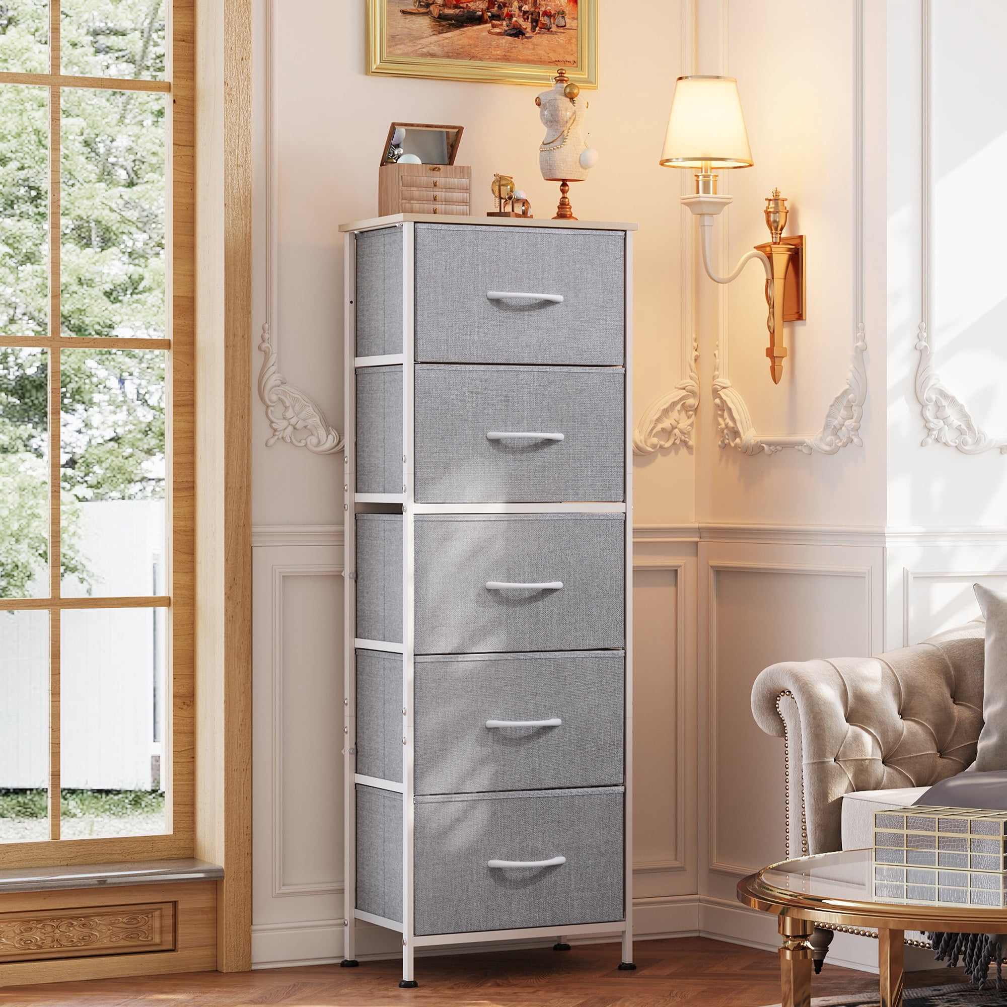 GALAXHERO 5-Drawer Tall Fabric Dresser with Wood Top, Storage Organizer Chest for Bedroom, Closet, Hallway, Sturdy Steel Frame, Light Grey