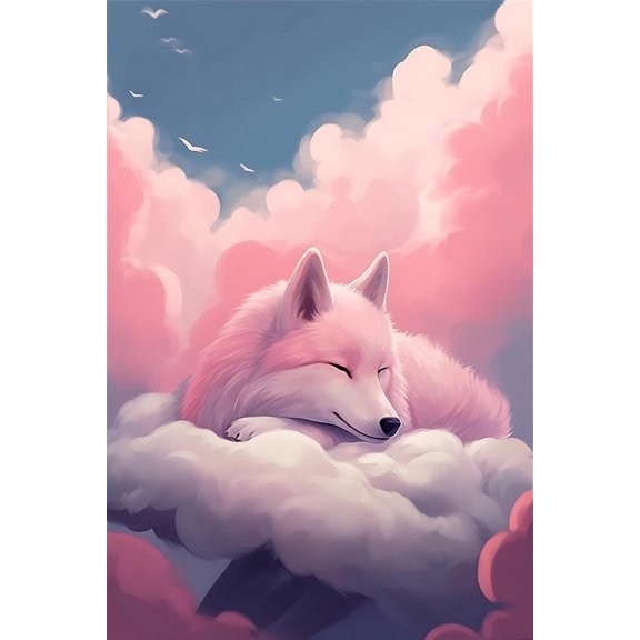Pink Wolf on Cloud - Brightly Colored Printed Poster Canvas Crafts - Suitable for Pink Elements Girls Painting Art, Dining Room Wall Decor Ideas, Art Deco Frameless 20x30inch