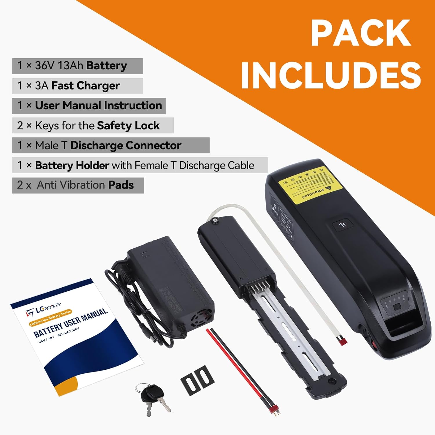 LGECOLFP 36V Ebike Battery 13AH Li-ion Lithium Batteries for Electric Bike Scooter Motor 30A BMS