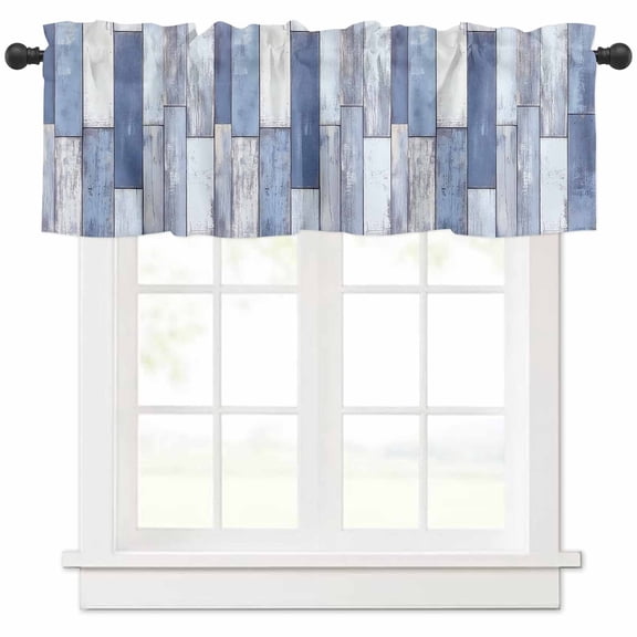 Hokiten Rod Pocket Curtain Valance, Blue Beige Wooden Farmhouse Window Valance for Living Room, Bedroom, Kitchen Farmhouse Vintage Country Striped 42"W x 12"L