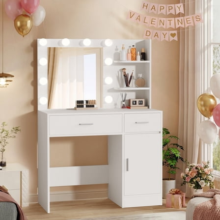 LIVELYGLOW Makeup Vanity Desk with Lighted Mirror, Vanity Set with 3 Shelves & 2 Drawers & 2-Tier Storage Cabinet, Vanity Table for Bedroom - White