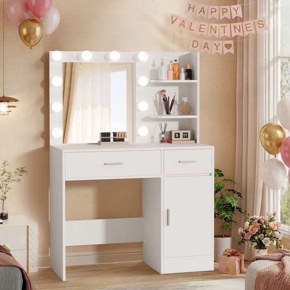 LIVELYGLOW Makeup Vanity Desk with Lighted Mirror, Vanity Set with 3 Shelves & 2 Drawers & 2-Tier Storage Cabinet, Vanity Table for Bedroom - White