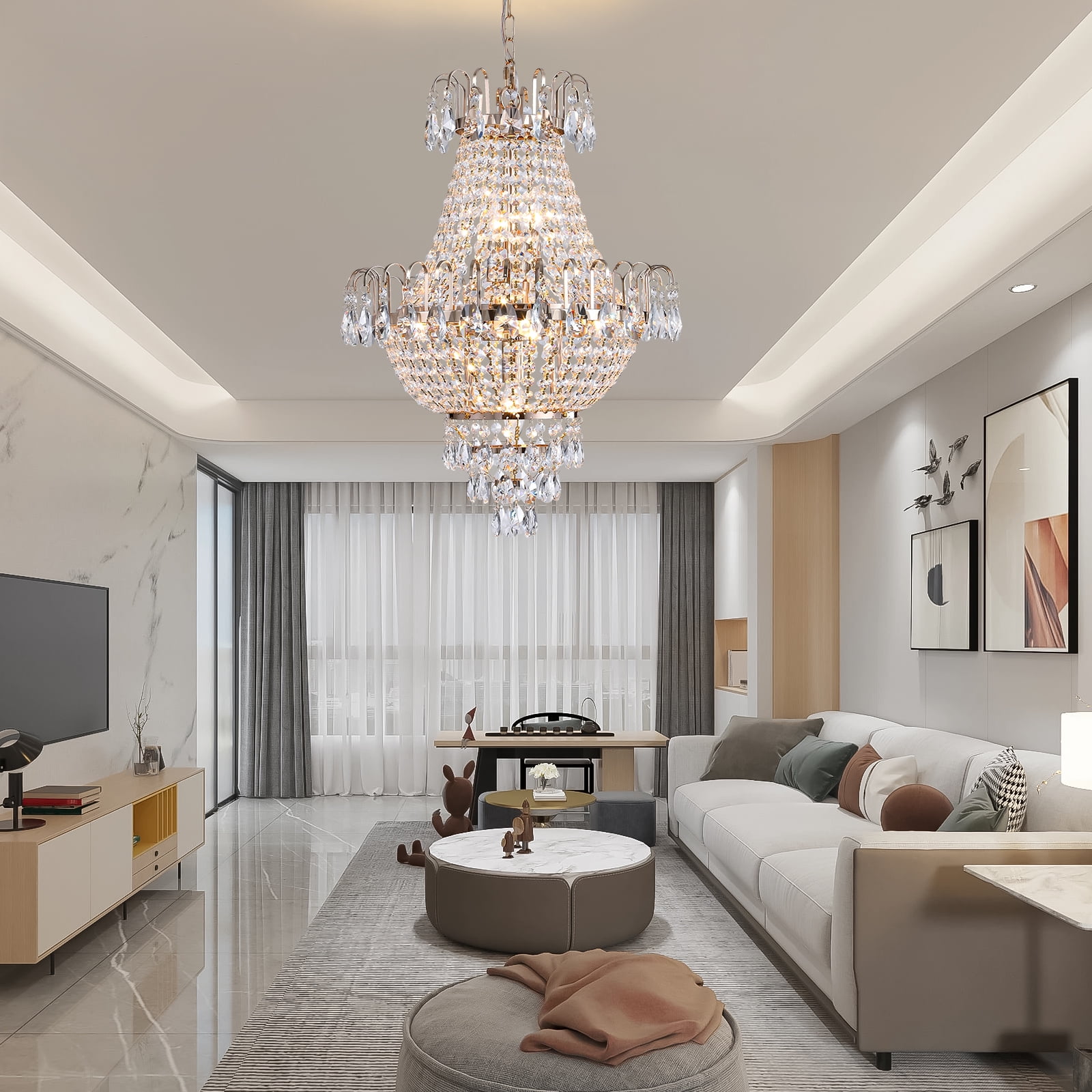 Crystal Chandelier 16.9'' 10-Light Pendant Light in French Gold Finish, Traditional Hanging Light Fixture with K9 Crystals and Adjustable Chain for Dining Room FoyerHigh Ceilings