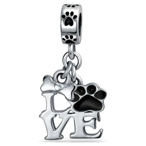 Bling Jewelry Womens BFF Pet Lover Black Dog Cat Paw Print Dangle Charm Bead
