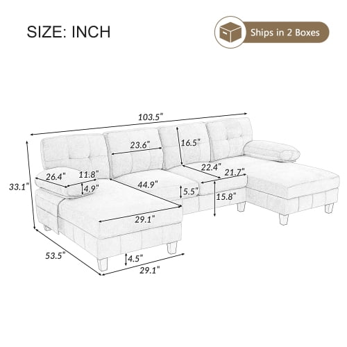 MOONMISS U-shaped Sectional Sofa 103.5" Chenille Fabric Couch with Dual Chaise Lounges, Storage Pockets and Armrest Pillows for Living Room,Brown