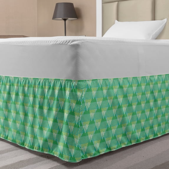Abstract Bed Skirt, Striped Triangles 70's Style Inspired Hipster Sportswear Geometric Motifs, Elastic Bedskirt Dust Ruffle Wrap Around for Bedding Decor, 4 Sizes, Sea Green and White, by Ambesonne