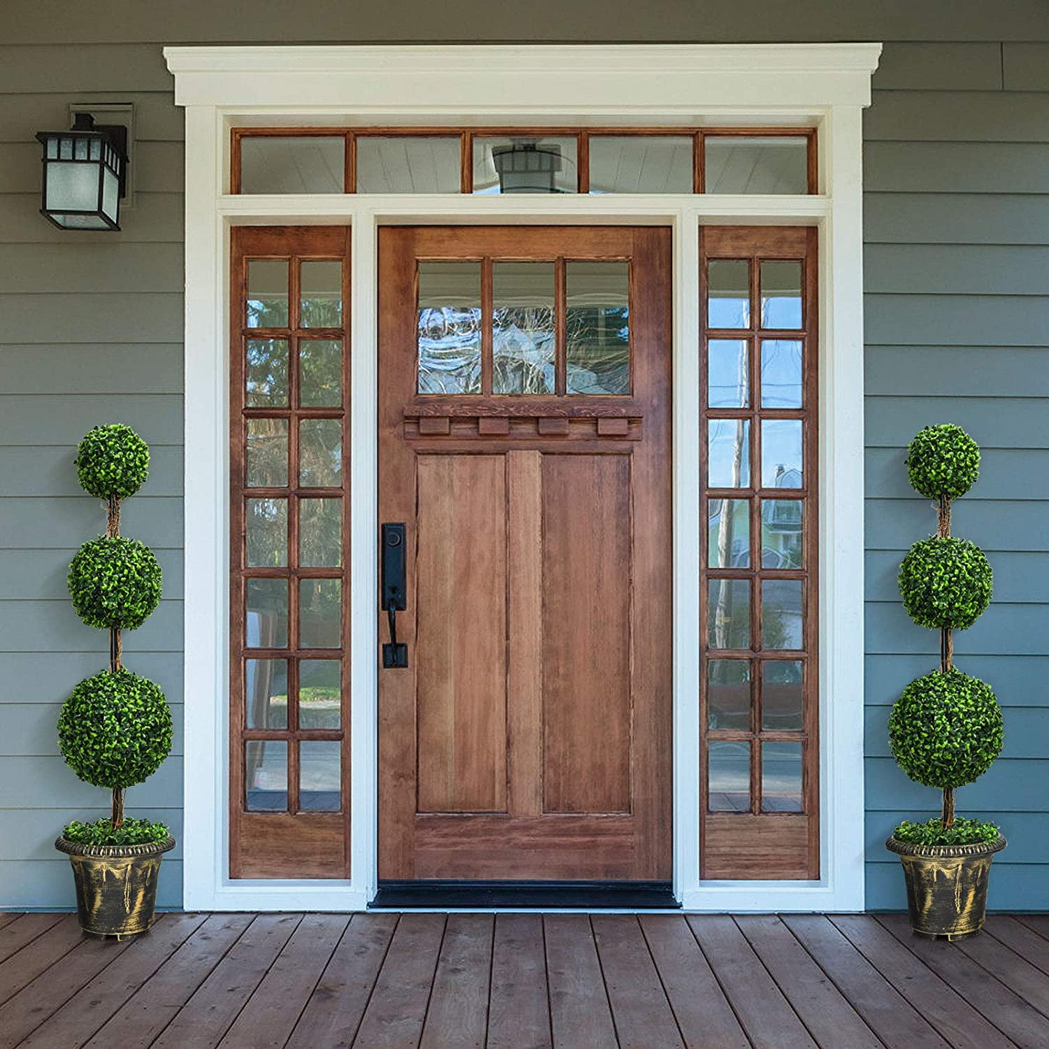 4ft Topiary Trees Artificial Outdoor, Triple Ball Boxwood Topiary w/Cement-Filled Retro Pot, Fake Plants Shrub Bushes for Home, Office, Porch, Front Door, Entrance, Backyard