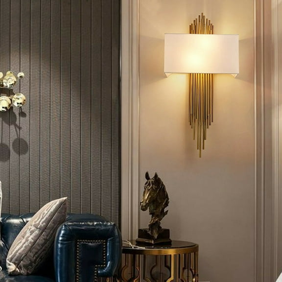 Contemporary 2-Light Indoor Wall Sconce Burnished Brass with Fabric Shade for Bedroom Living Room