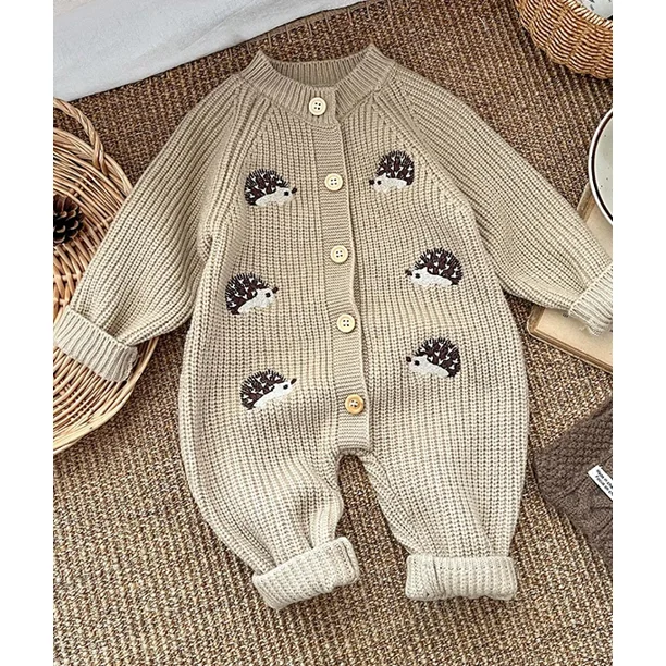 0-3Y 2025 Spring Baby Clothes Animal Embroidery Infant Girls Rompers Single Breast Toddler Boys Knitted Jumpsuits