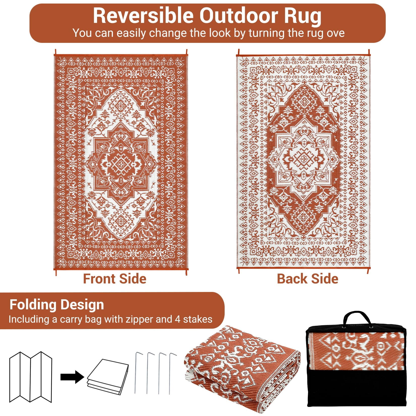 Danolapsi Outdoor Rugs 8x10 Waterproof Reversible Outdoor Plastic Straw Rug Vintage Retro Patio Rug Indoor Outdoor Carpet RV Mat Outside,Lightweight Portable Carpet with Storage Bag for Patio Camp