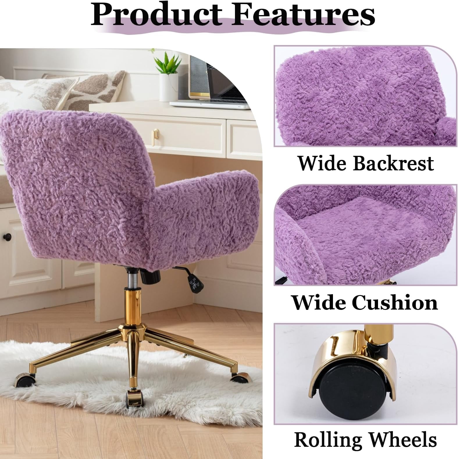 JESTOP Furry Cute Office Chair, Modern Swivel Desk Chair with Wheels, Adjustable Makeup Vanity Chairs with Back, Upholstered Rolling Chairs for Vanity Makeup Room Study Indoor