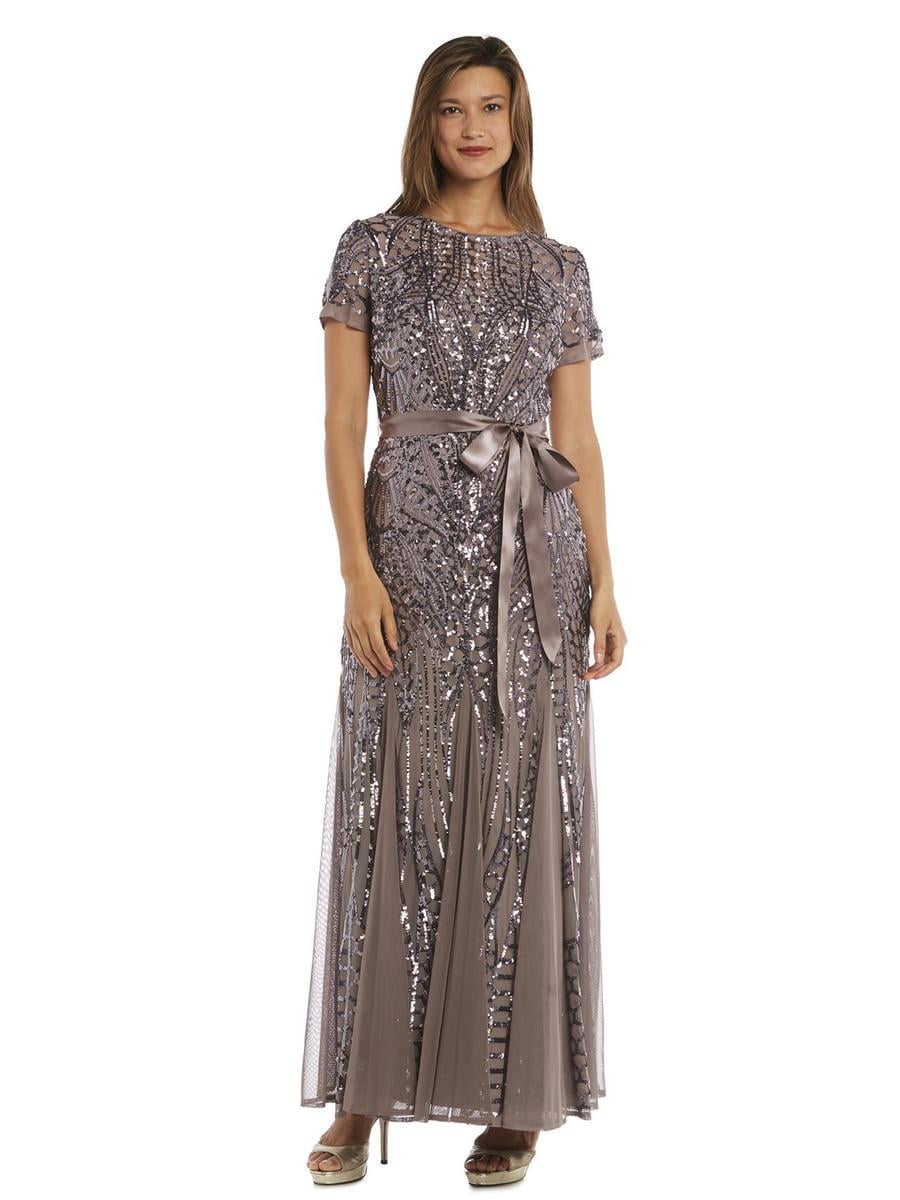 r & m richards short sleeve sequin evening gown