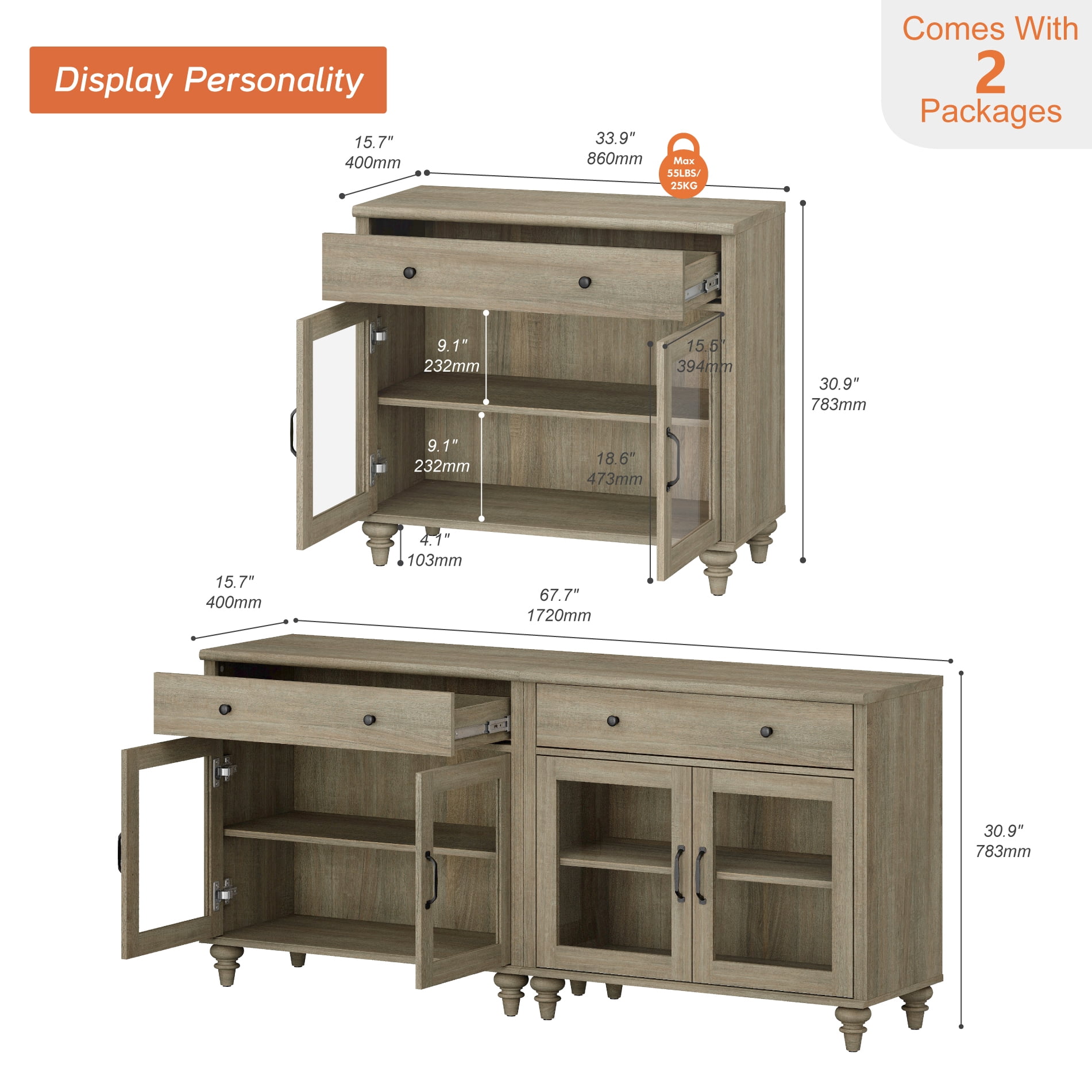 TV Stand For 75 Inch TV Inch TV, 2-In-1 TV Console Table For 43/50/60/75 Inch TV, Entertainment Center With 2 Drawers And 6 Doors, Wash Grey