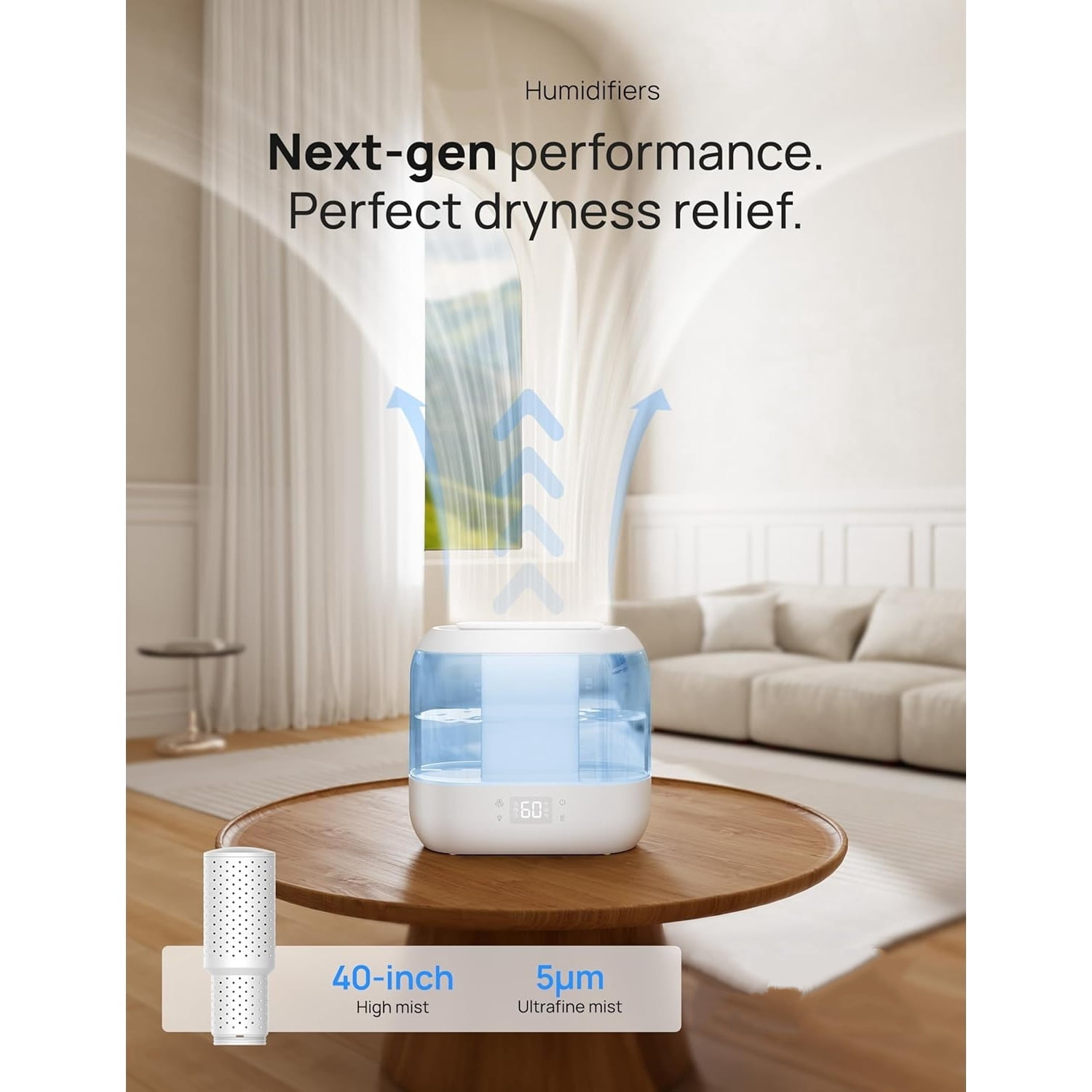 Humidifiers for Bedroom, Top Fill 4L Smart Cool Mist Humidifier with Oil Diffuser, Cartridge, Nightlight, 36H Runtime, Quiet Ultrasonic Humidifiers for Home, Baby Nursery, Plants, Office