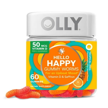 OLLY Hello Happy Gummy Worms, Mood Balance Support Supplement, Vitamin D, Tropical, 60 Ct