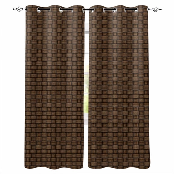 Dark Brown Rattan Blackout Curtains for Bedroom/Living Room, Thermal Insulated Kitchen Curtains, Vintage Abstract Wicker Texture Grommet Darkening Window Treatment Drapes 52"x72"x2