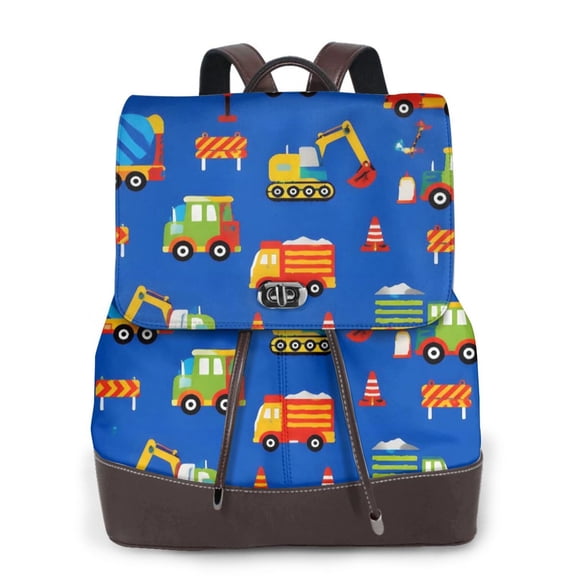 Construction Truck Women's Leather Backpack All-Over Print Bag for Work and Travel