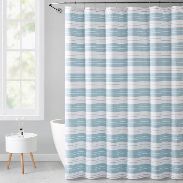 Light Blue Stripe Eyelet Polyester Shower Curtain , 72" x 72", VCNY
