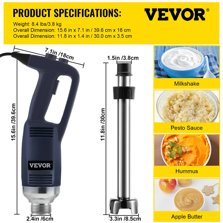 VEVOR Commercial Immersion Blender , 750W Variable Speed Heavy Duty Hand  Mixer 304 Stainless Steel (11.8) 