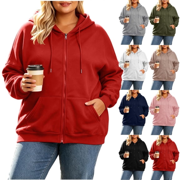 Tqcoqu Plus Size Women's Zip Up Hoodie, Casual Long Sleeve Drawstring Solid Hooded Sweatshirt Jacket with Pocket