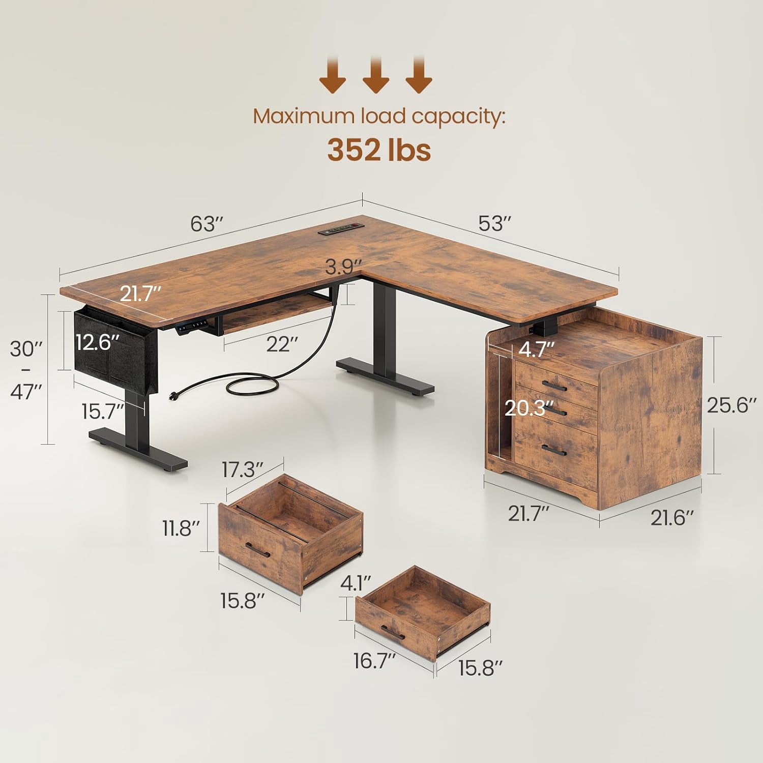 SEDETA Electric Standing Desk with Storage, L Shaped Desk with Drawers & Power Outlets, Home Office Desk with File Drawer, Keyboard Tray and Storage Bag, 63" × 53" Large Stand Up Desk, Rustic Brown