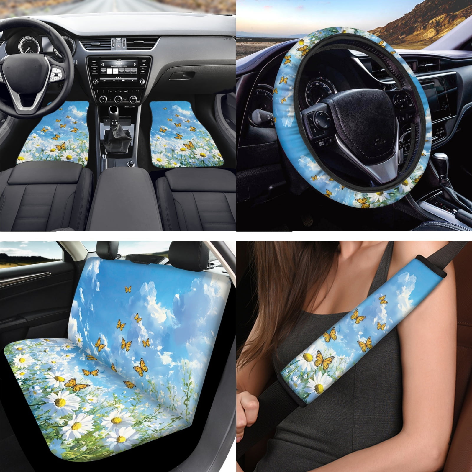 Jeiento Daisy Car Seat Cover Full Set 17 Pack Car Floor Mats Steering Wheel Cover Keychains Seatbelt Pad Armrest Cover Butterfly Cup Coasters Blue Lipstick Holder Universal Fit for SUV Sedan Van