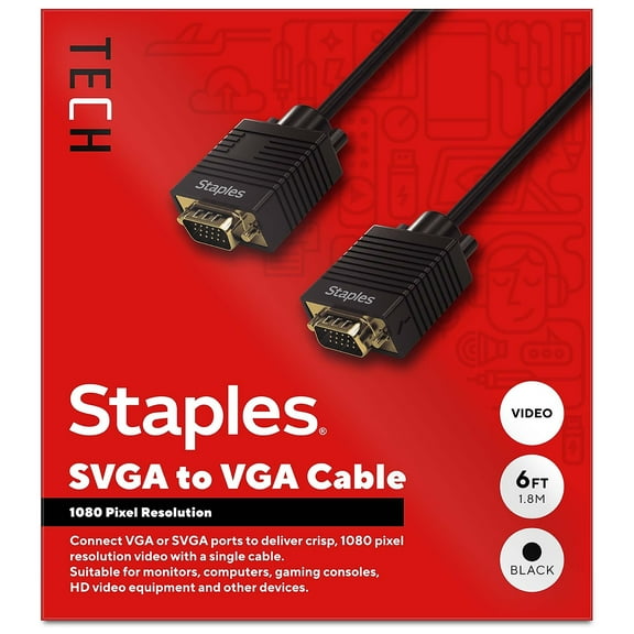 Staples TECH 6 ft. SVGA to VGA Audio/Video Cable Male to Male Black (ST62470)